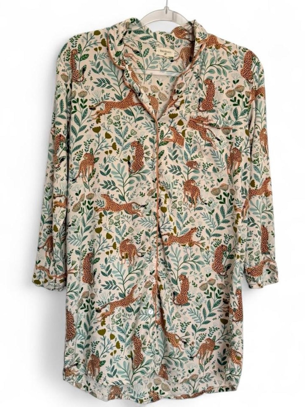 World Market cheetah print floral button up pajama sleep shirt/ dress nightgown
